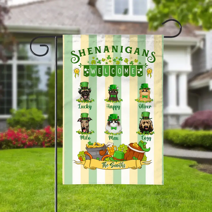 Shenanigans Welcome - Personalized Garden Flag For Family, Dog Lovers, Cat Lovers, St. Patrick's Day