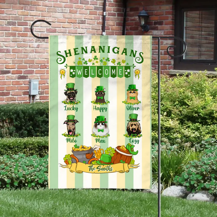 Shenanigans Welcome - Personalized Garden Flag For Family, Dog Lovers, Cat Lovers, St. Patrick's Day