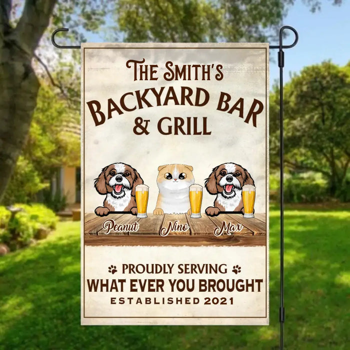 Backyard Bar And Grill Proudly Serving Whatever You Brought - Custom Garden Flag Dog Lovers