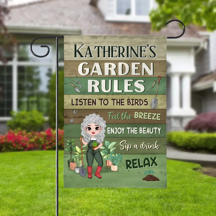 Old Chibi My Garden Rules - Personalized Garden Flag For Her, Him, Gardener