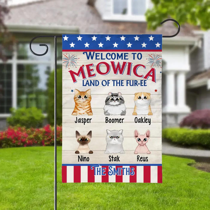 Welcome To Meowica Land Of The Furee - Personalized Garden Flag For Cat Lovers