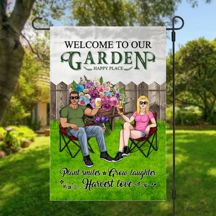 Welcome To Our Garden Happy Place - Personalized Garden Flag For Couples, Farmer