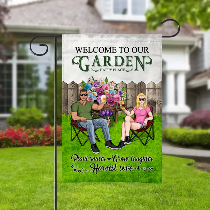 Welcome To Our Garden Happy Place - Personalized Garden Flag For Couples, Farmer