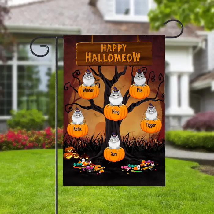 Happy Hallomeow - Personalized Halloween Gifts Custom Family Garden Flag For Cat Lovers