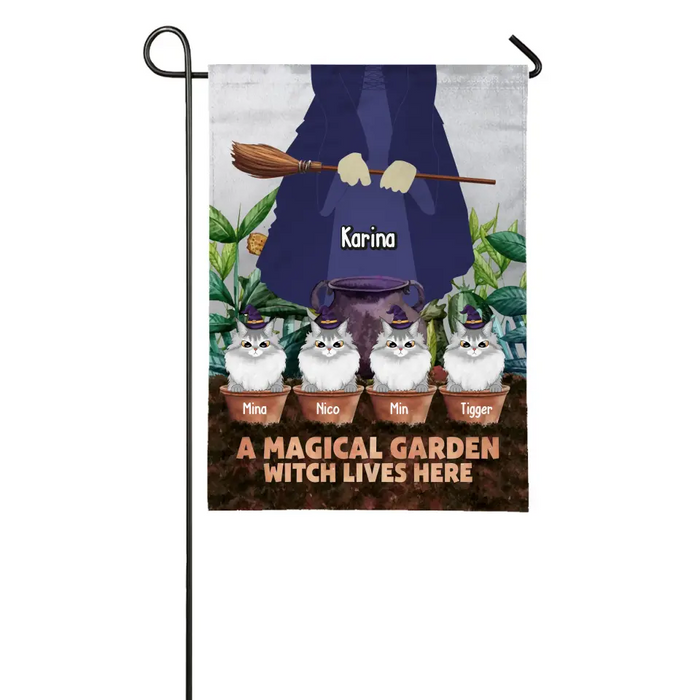 A Magical Garden Witch Lives Here - Personalized Halloween Gifts Custom Garden Flag For Witches, Cat Lovers