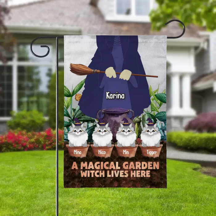 A Magical Garden Witch Lives Here - Personalized Halloween Gifts Custom Garden Flag For Witches, Cat Lovers