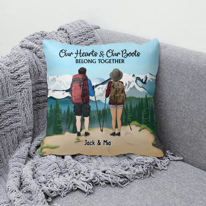 Our Heart Our Boots Belong Together - Personalized Gifts Custom Pillow For Couples, Hiking Lovers