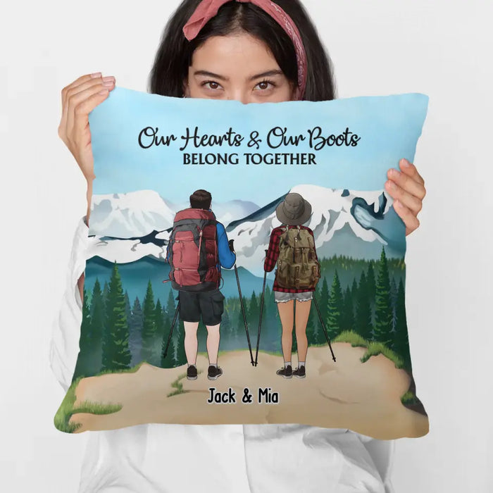 Our Heart Our Boots Belong Together - Personalized Gifts Custom Pillow For Couples, Hiking Lovers