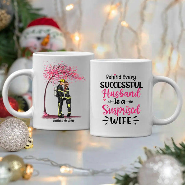 Behind Every Successful Husband Is A Wife - Personalized Gifts Custom Mug For Firefighter EMS Nurse Police Officer Military Couples