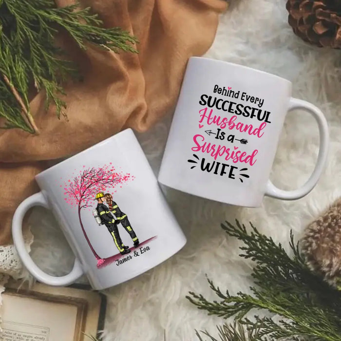 Behind Every Successful Husband Is A Wife - Personalized Gifts Custom Mug For Firefighter EMS Nurse Police Officer Military Couples