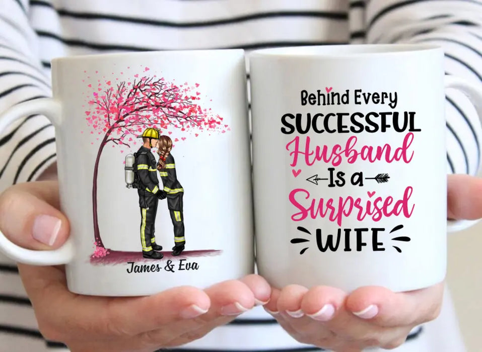 Behind Every Successful Husband Is A Wife - Personalized Gifts Custom Mug For Firefighter EMS Nurse Police Officer Military Couples