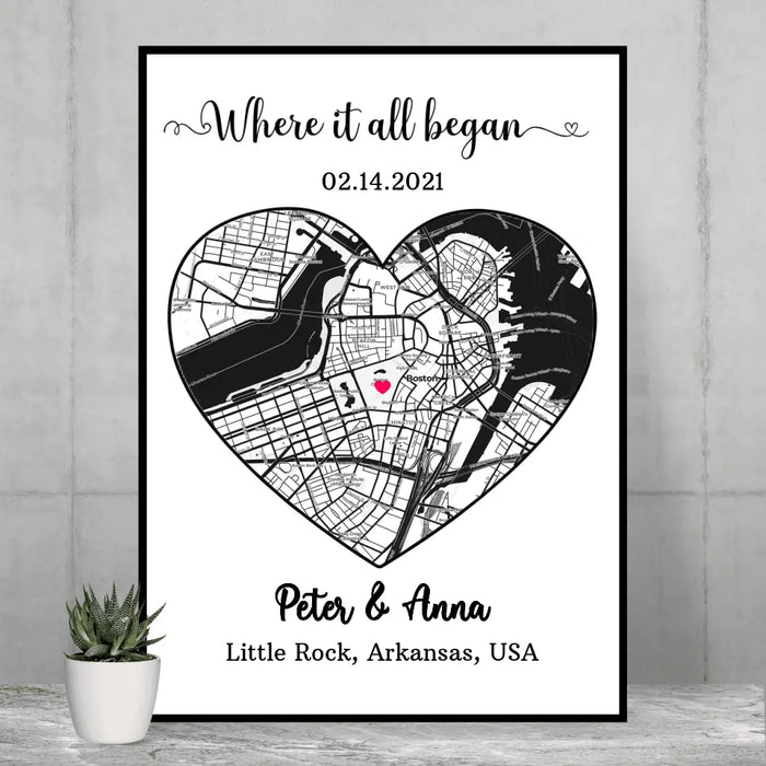 Where It All Began - Personalized Gifts Custom City Map Print Poster For Him Her Couples, First Date Memory Map