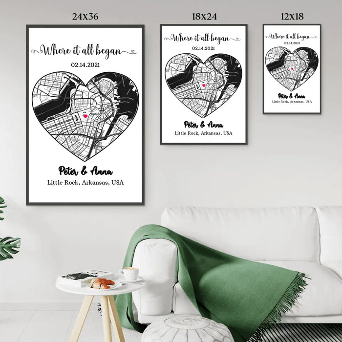 Where It All Began - Personalized Gifts Custom City Map Print Poster For Him Her Couples, First Date Memory Map