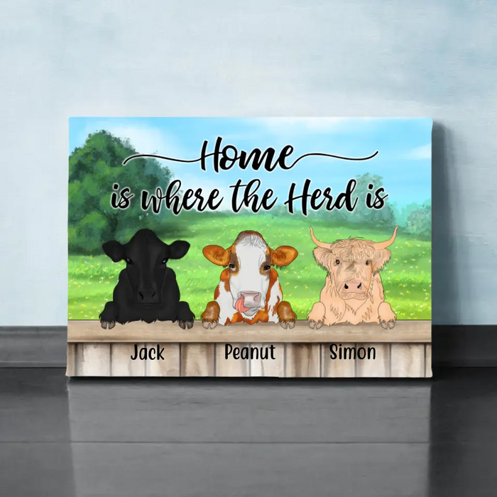 Personalized Canvas, Cow Peeking Home Is Where The Herd Is Custom Gift For Farmers