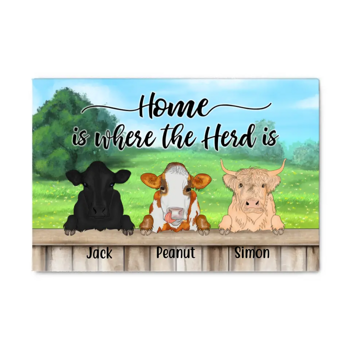 Personalized Canvas, Cow Peeking Home Is Where The Herd Is Custom Gift For Farmers