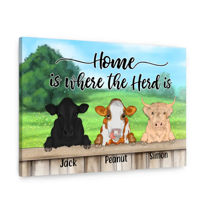 Personalized Canvas, Cow Peeking Home Is Where The Herd Is Custom Gift For Farmers