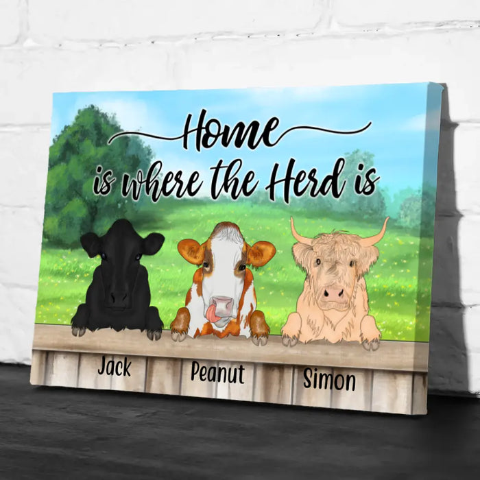 Personalized Canvas, Cow Peeking Home Is Where The Herd Is Custom Gift For Farmers