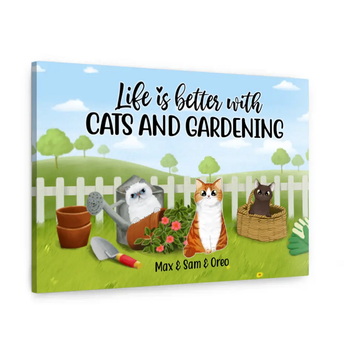 Personalized Canvas, Life Is Better With Cats and Gardening, Gift for Cat Lovers, Gardeners