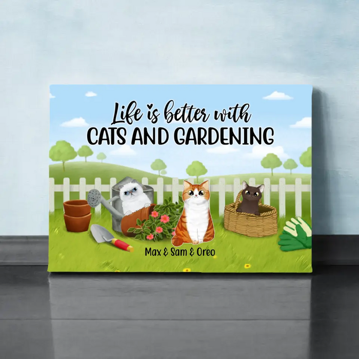 Personalized Canvas, Life Is Better With Cats and Gardening, Gift for Cat Lovers, Gardeners