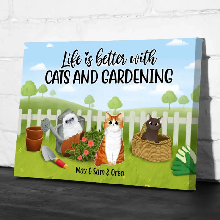 Personalized Canvas, Life Is Better With Cats and Gardening, Gift for Cat Lovers, Gardeners