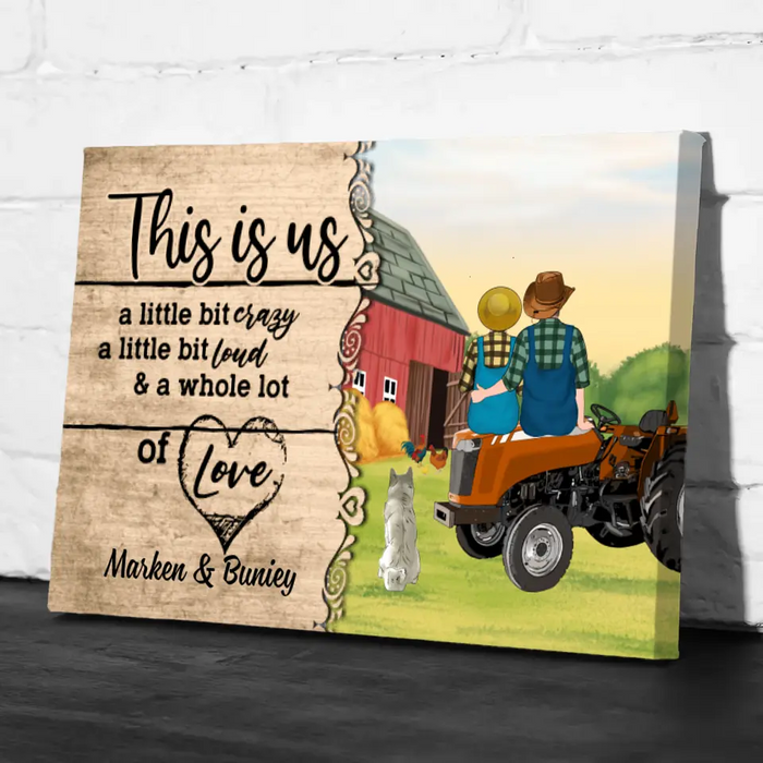 Personalized Canvas, Farming Couple On Tractor With Dogs, Gift For Farmers And Dog Lovers