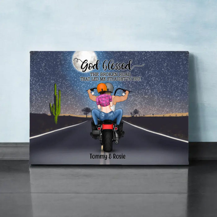 Personalized Landscape Canvas, Motorcycle Couple, Gift For Bikers