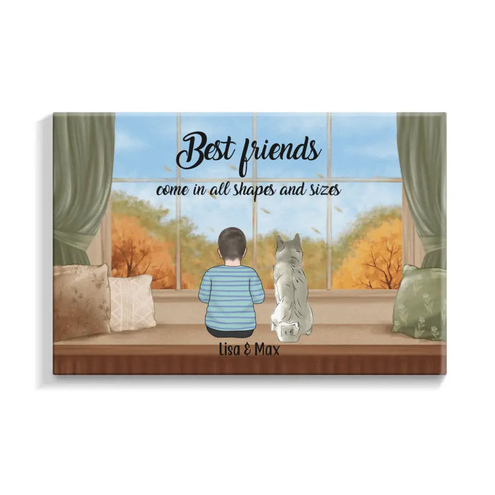 Personalized Canvas, Kid and Pet Sitting By Window, Gift for Kids, Gift for Son, Daughter