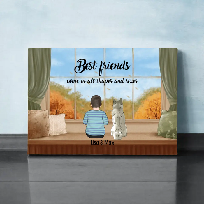 Personalized Canvas, Kid and Pet Sitting By Window, Gift for Kids, Gift for Son, Daughter