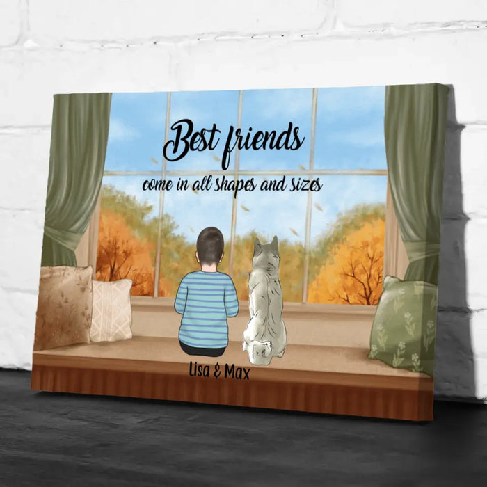 Personalized Canvas, Kid and Pet Sitting By Window, Gift for Kids, Gift for Son, Daughter