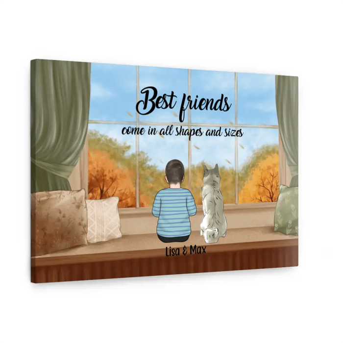 Personalized Canvas, Kid and Pet Sitting By Window, Gift for Kids, Gift for Son, Daughter