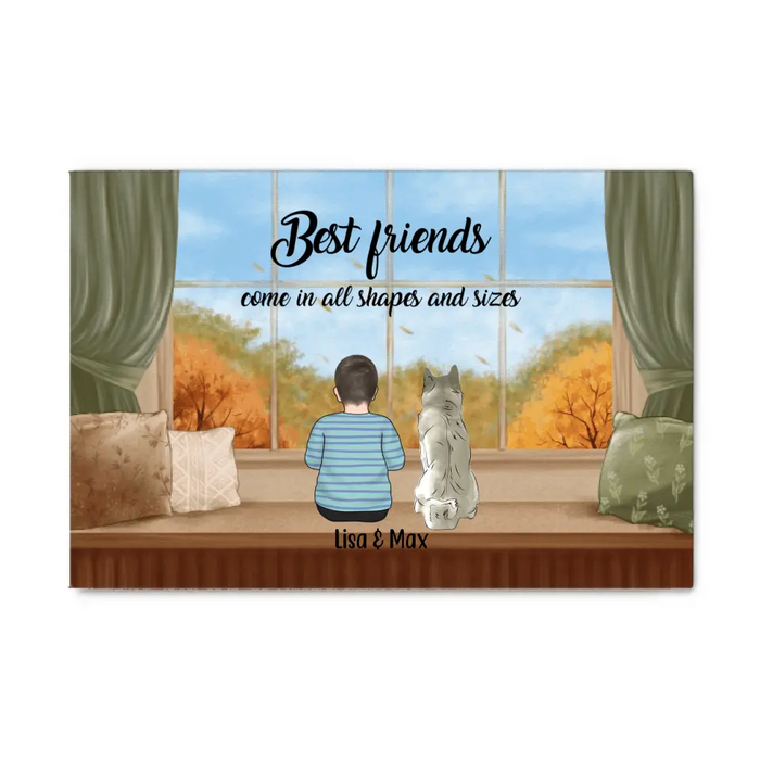 Personalized Canvas, Kid and Pet Sitting By Window, Gift for Kids, Gift for Son, Daughter