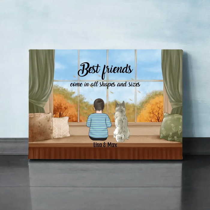 Personalized Canvas, Kid and Pet Sitting By Window, Gift for Kids, Gift for Son, Daughter