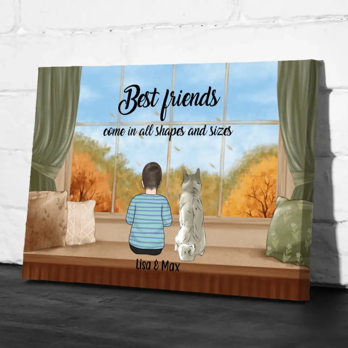 Personalized Canvas, Kid and Pet Sitting By Window, Gift for Kids, Gift for Son, Daughter