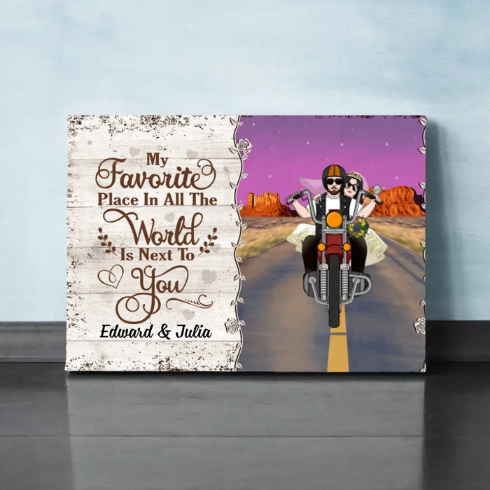 Personalized Canvas, My Favorite Place In All The World Is Next To You, Biker Couple, Gift For Motorcycle Fans