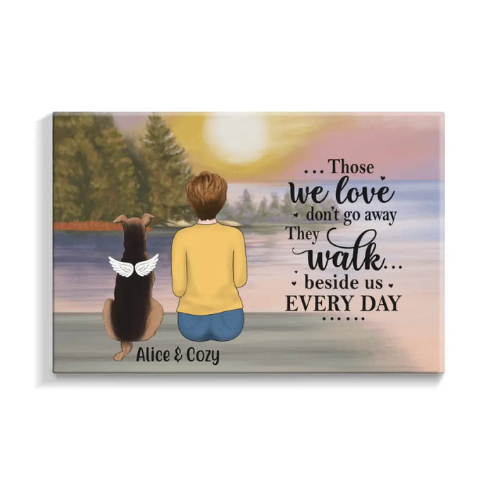 Personalized Canvas, Woman With Dog, Cat By The River, Memorial Gift for Dog Loss, Cat Loss