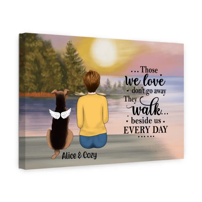 Personalized Canvas, Woman With Dog, Cat By The River, Memorial Gift for Dog Loss, Cat Loss