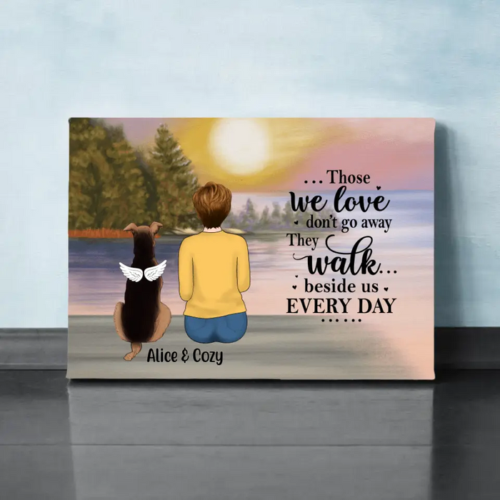 Personalized Canvas, Woman With Dog, Cat By The River, Memorial Gift for Dog Loss, Cat Loss