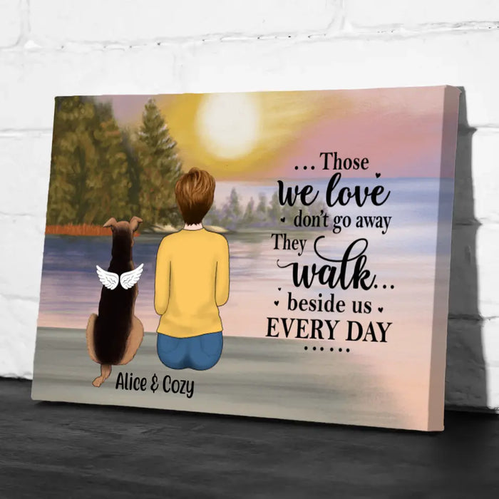 Personalized Canvas, Woman With Dog, Cat By The River, Memorial Gift for Dog Loss, Cat Loss