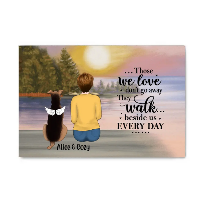 Personalized Canvas, Woman With Dog, Cat By The River, Memorial Gift for Dog Loss, Cat Loss