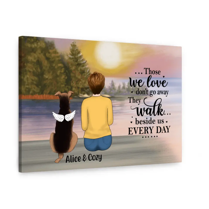 Personalized Canvas, Woman With Dog, Cat By The River, Memorial Gift for Dog Loss, Cat Loss