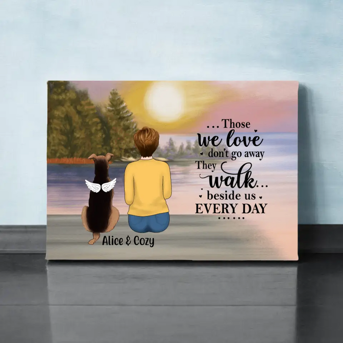 Personalized Canvas, Woman With Dog, Cat By The River, Memorial Gift for Dog Loss, Cat Loss