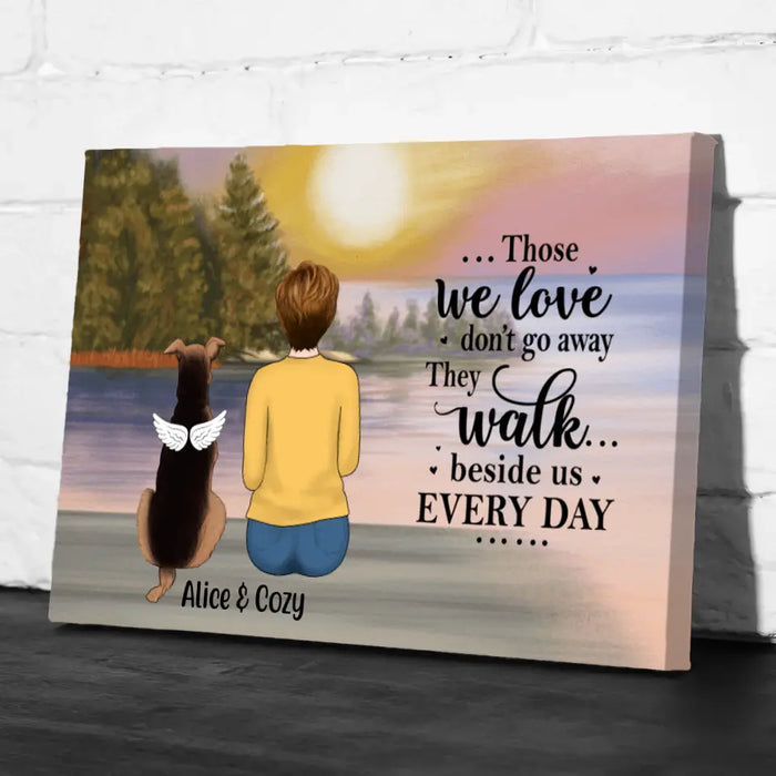 Personalized Canvas, Woman With Dog, Cat By The River, Memorial Gift for Dog Loss, Cat Loss