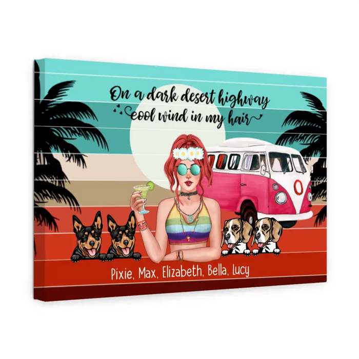 Personalized Landscape Canvas, Hippie Girl with Dogs Custom Gift For Dog and Hippie Lovers