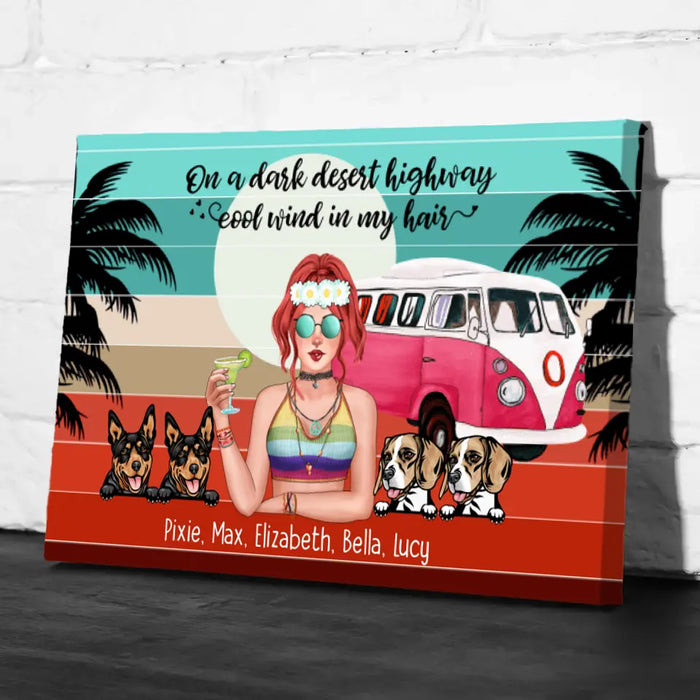 Personalized Landscape Canvas, Hippie Girl with Dogs Custom Gift For Dog and Hippie Lovers