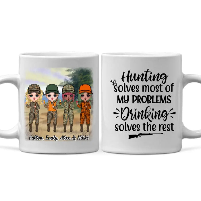 Up To 4 Chibi Hunting Solves Most Of My Problems - Personalized Mug For Her, Friends, Sister, Hunting