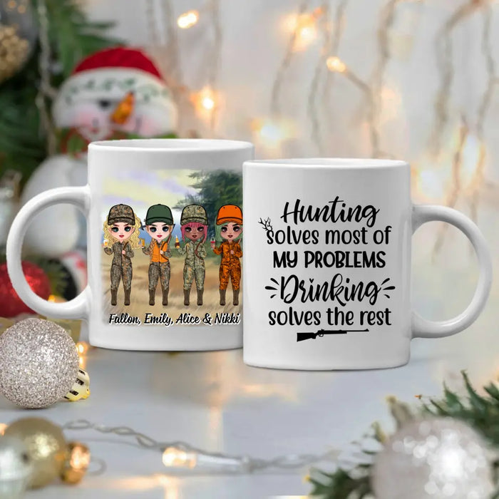 Up To 4 Chibi Hunting Solves Most Of My Problems - Personalized Mug For Her, Friends, Sister, Hunting