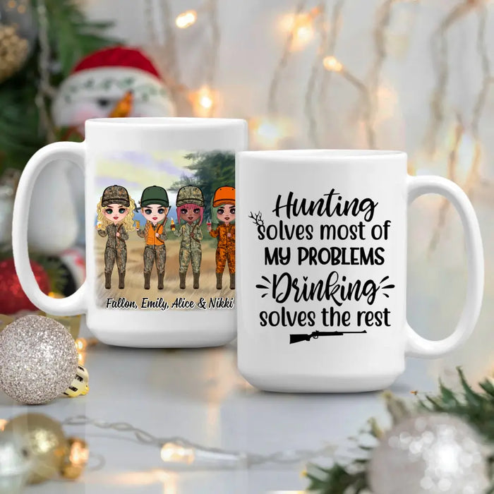 Up To 4 Chibi Hunting Solves Most Of My Problems - Personalized Mug For Her, Friends, Sister, Hunting