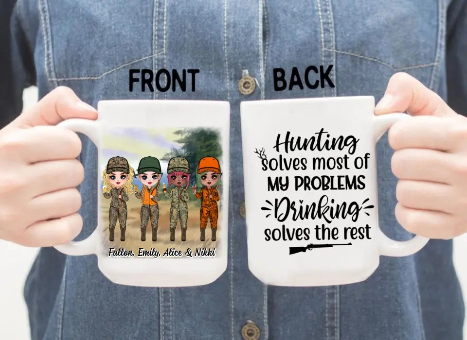 Up To 4 Chibi Hunting Solves Most Of My Problems - Personalized Mug For Her, Friends, Sister, Hunting