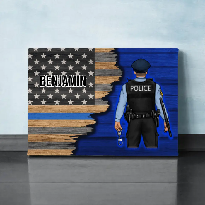 Personalized Canvas, Thin Line Blue American Flag, Gift For Police Officers