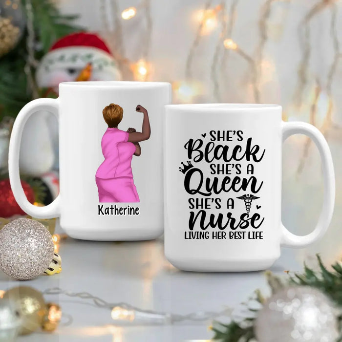 Black Queen Nurse Living Her Best Life - Personalized Mug For Her, Nurse